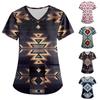 Women's Fashion Printing Short Sleeve V-neck Tops Working Pocket Blouse