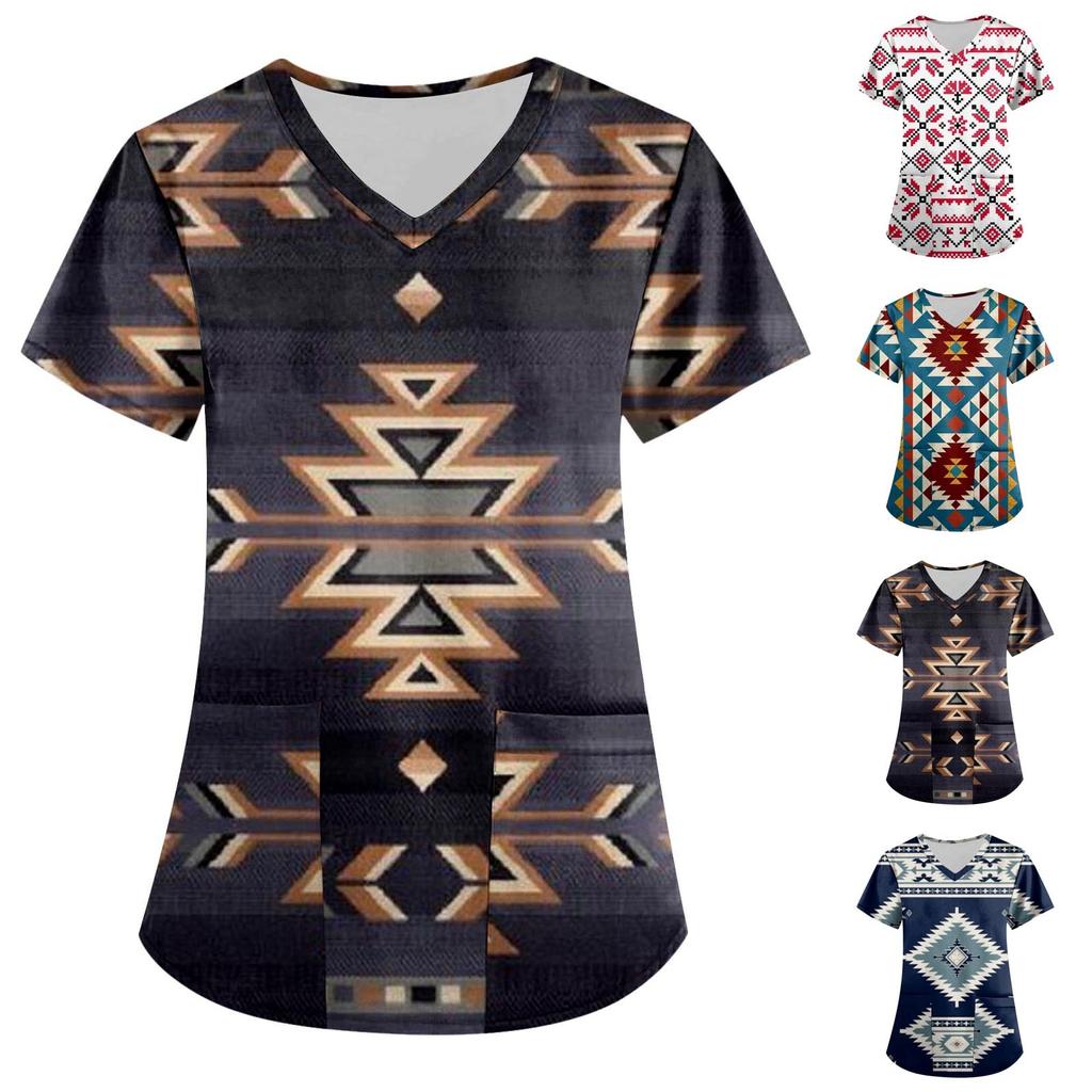 Women's Fashion Printing Short Sleeve V-neck Tops Working Pocket Blouse