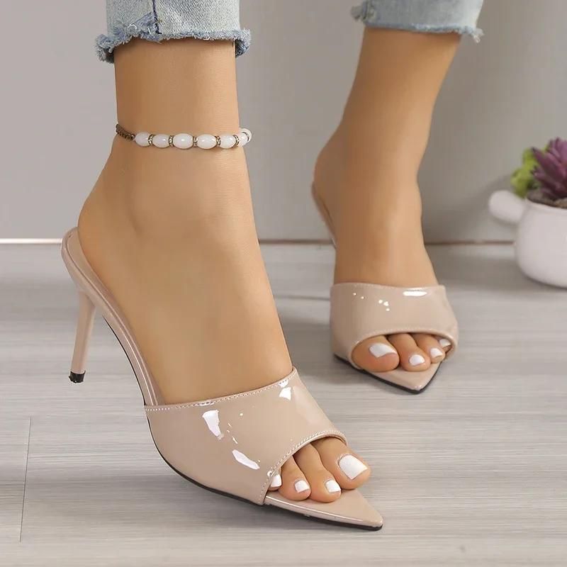 Сексуальные босоножки на высоком каблуке телесного цвета для женщин, летние босоножки с острым носком и открытым носком для женщин, лакированная кожа, туфли на тонком каблуке для вечеринок