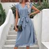 Women's Loose Casual V-Neck Belt Solid Color Dress Fashionable Dress Fashionable Dress