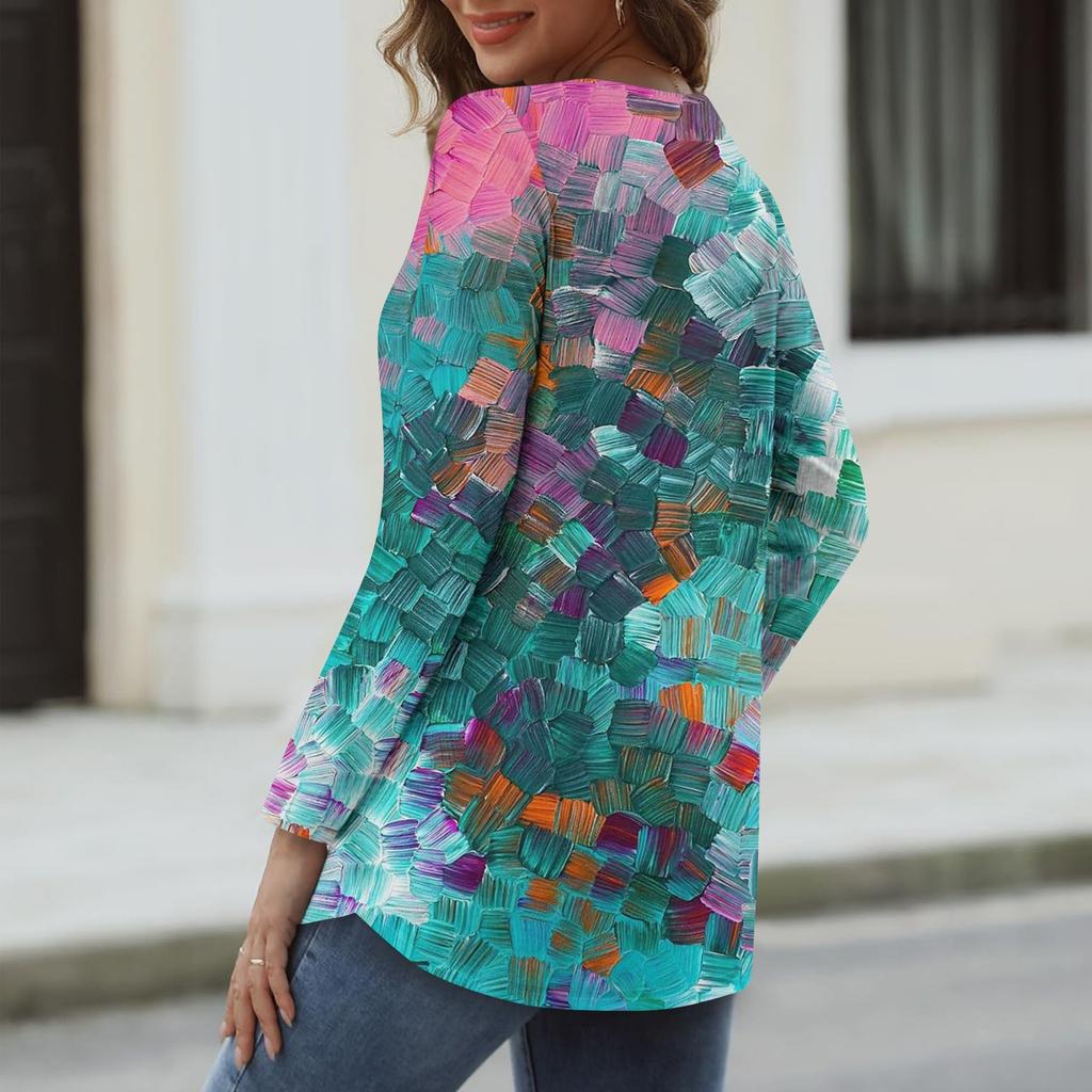 Women's Long Sleeved Retro Floral Print V-neck Top T-shirt