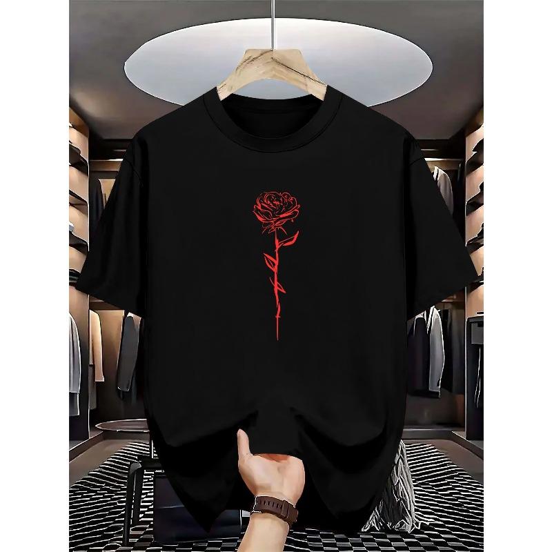 Европейские размеры Мужская летняя футболка с коротким рукавом и круглым вырезом - Повседневная и спортивная базовая футболка для многослойности с геометрическим принтом розы