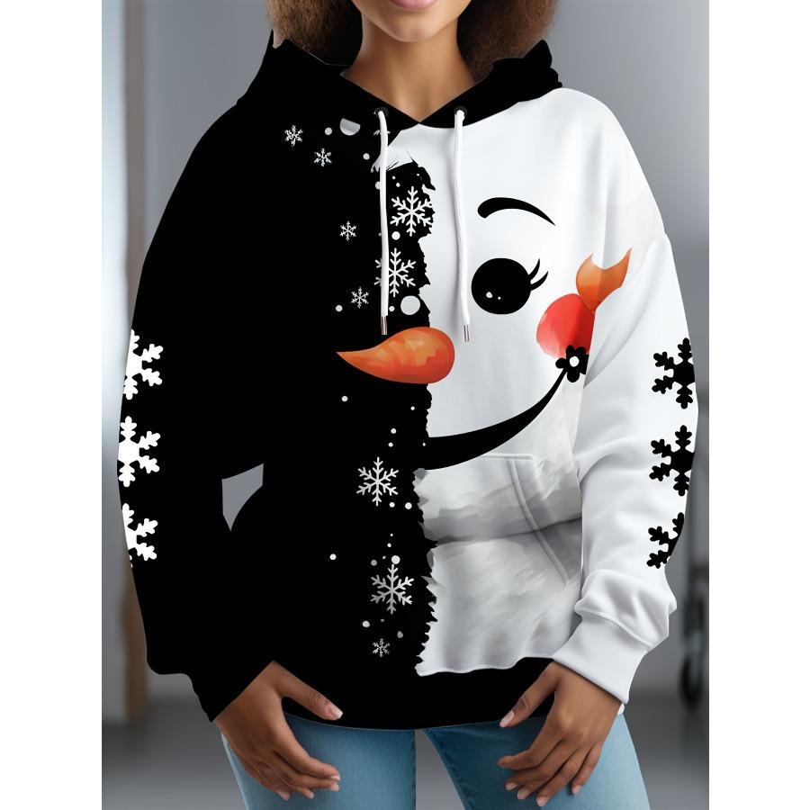 Plus Size, Women's Cute Snowman Pattern Hoodie, Long Sleeve with Pocket Plus Size Sweatshirt - Machine Washable Winter Pullover