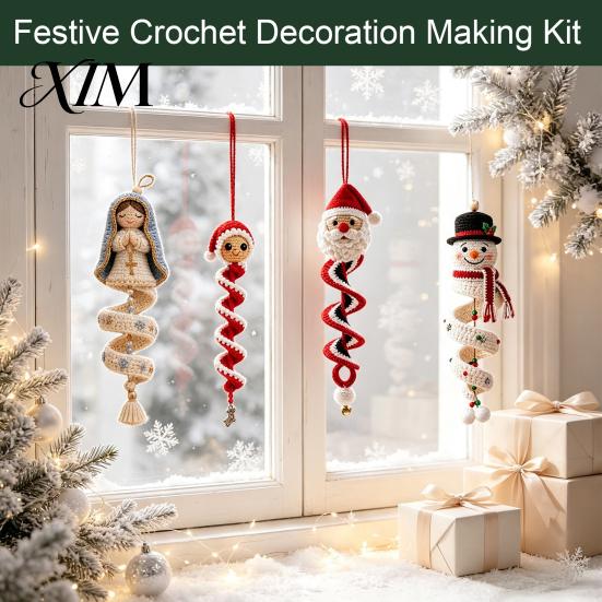 Winter Yarn Crafts for Family Christmas Spiral Crochet Kit, DIY Snowman Santa Craft Holiday Knitting Supplies Adults Handmade Hanging Ornament