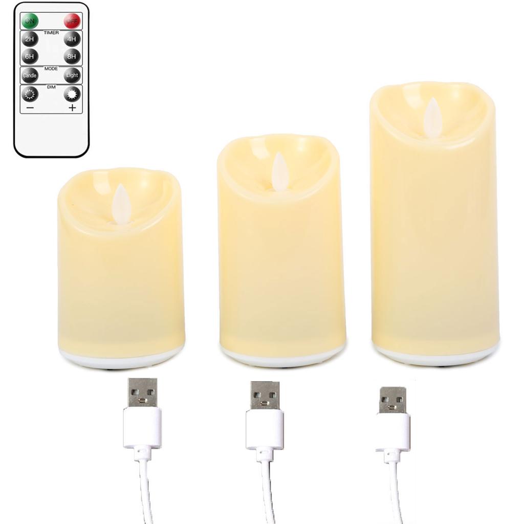 1/3 Pieces Flameless USB Moving Wick Candles With Remote,Rechargeable Plastic Wedding Dancing Flame Decorative Candles