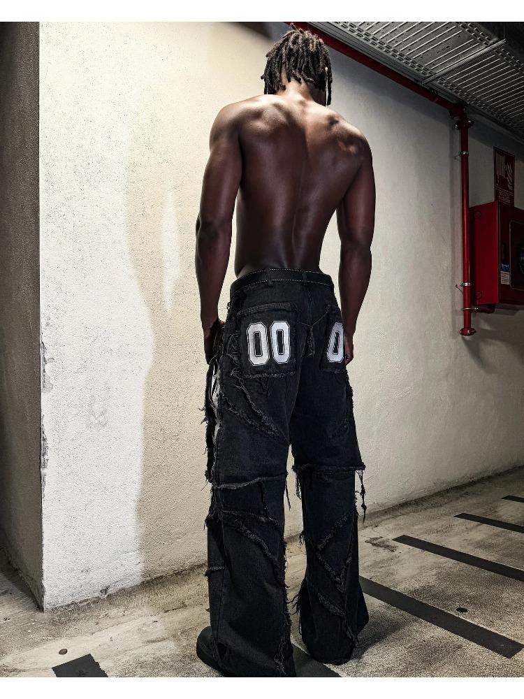 Мода Америка ретро-стрит молния пэчворк мешковатые джинсы мужские Y2k полоса вышивка сращивание черные джинсовые брюки хип-хоп джинсы