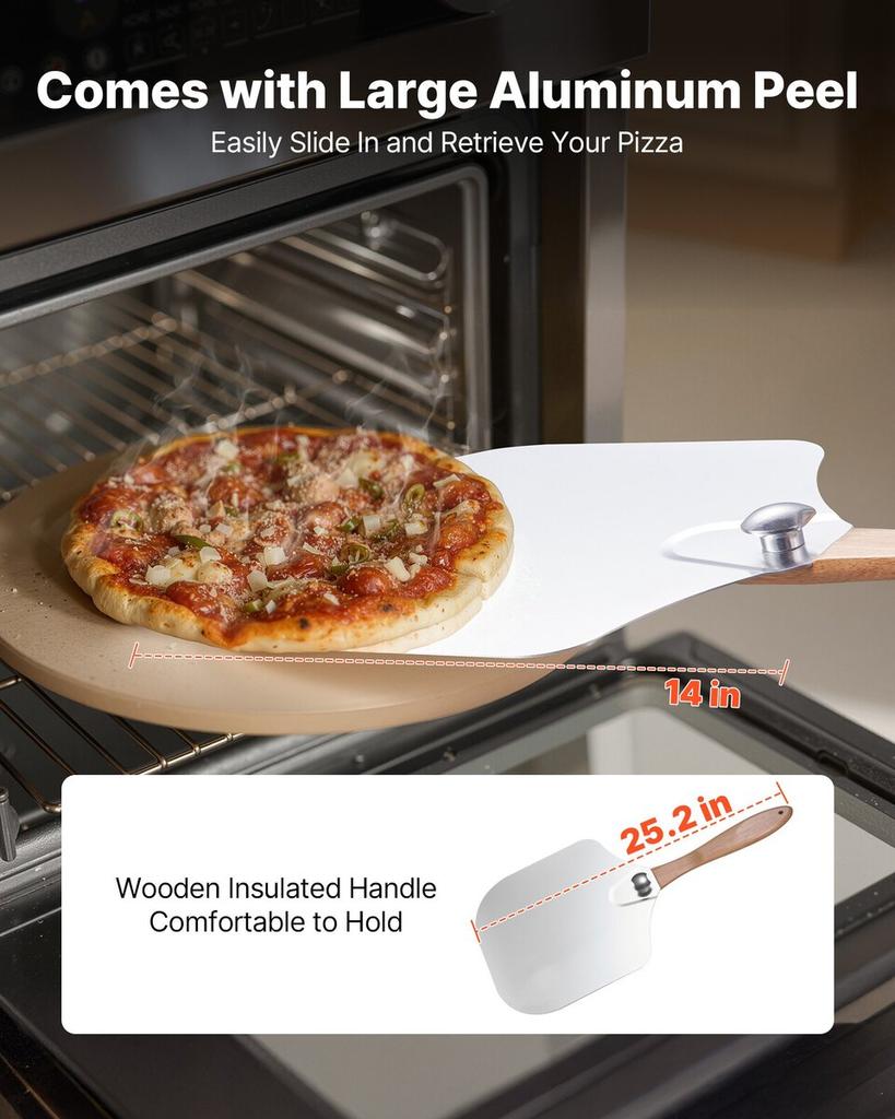 Pizza Stone, 381 mm Round Cordierite Pizza Stone, Extra Large Baking-Stone with Aluminum Peel, 17 mm Thickness Heat-Resistant Cooking Cordierite, for