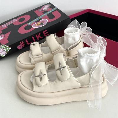 Обувь Пляжная женская обувь на среднем каблуке Лето 2024 Сандалии для женщин на платформе с танкеткой Водонепроницаемые черные Корея HF