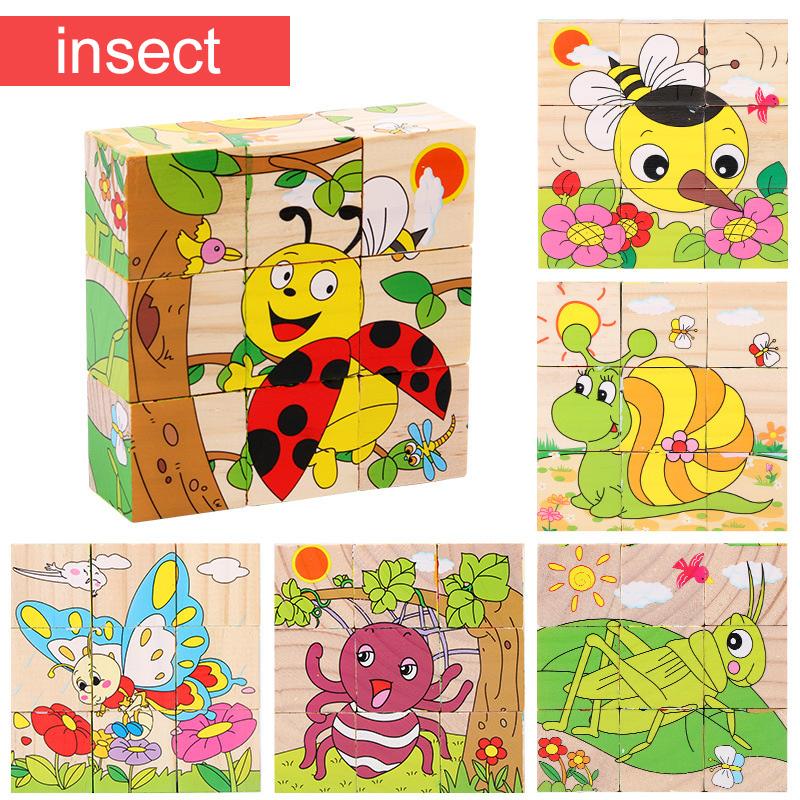 Деревянный пазл Шесть сторон раскрашены Трехмерный Пазл Транспорт Животные Строительные блоки Монтессори Игрушки для раннего развития TMZ