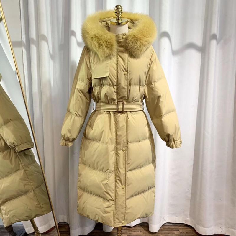 Women's 2024 Trendy Lightweight Over-Knee Down Jacket with Waist Tie - White Duck Down Winter Coat