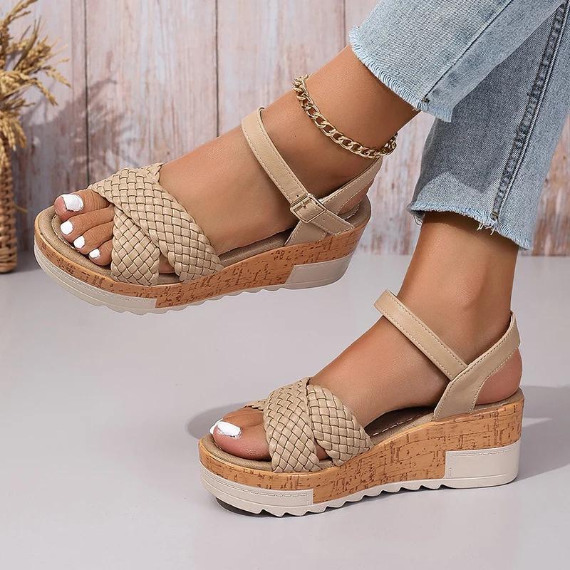 Fashion Woven Ankle Strap Wedge Heels Sandals Woman Fashion Braided Platform Rome Shoes Women Summer 2025 Thick Bottom Beach Sandalias