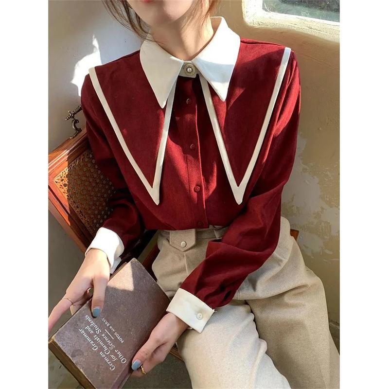 WTEMPO Vintage Elegant Shirts Women Chiffon Patchwork Ruffle Turn Down Collar Long Sleeve Blouse Office Lady Loose Tops