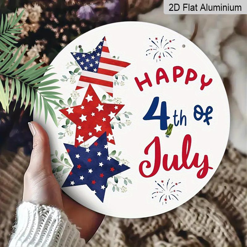 2D Flat, 1Pc Round Aluminum Hanging Sign, Patriotic 4Th of July, Featuring Red, White, And Blue Decorations, Including Pentagrams And Fireworks