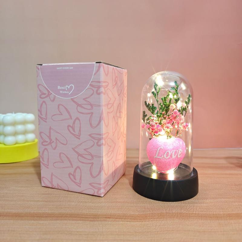 1 Piece Valentine's Day Gift Gypsophila Love Heart Flower Bouquet With Lamp Night Light Acrylic Cover Home Decoration Crafts