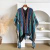 Womens Knit Cape Cardigan Winter Thick Striped Ethnic Style Shawl Cloak