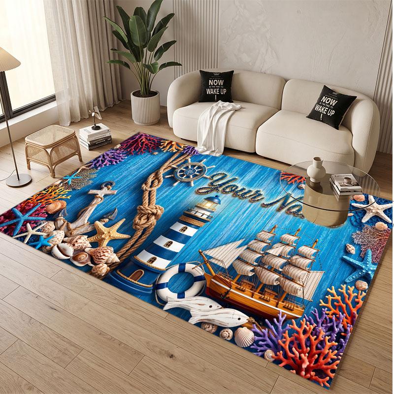 Fish Ocean Theme Soft Crystal Velvet Rug Custom Name & Text Print Non Slip Floor Rug for Bedroom Living Room