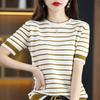 Women Summer Striped Vintage T-Shirt Short Sleeve Hollow Out Elegant Knitted Pullover