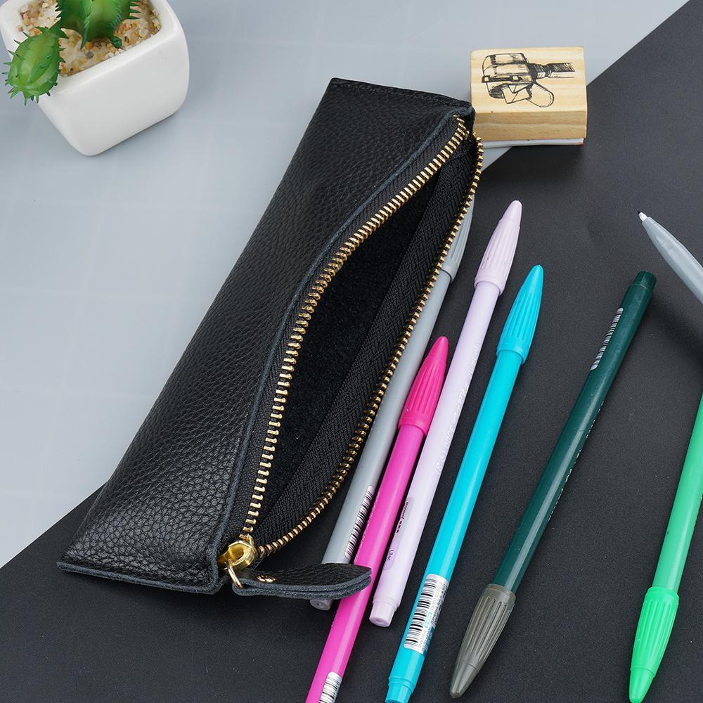 AIGUONIU Genuine Leather Zipper Pen Pencil Case Bag Litchi Embossed Creative School Stationery Lined with Soft Microfiber