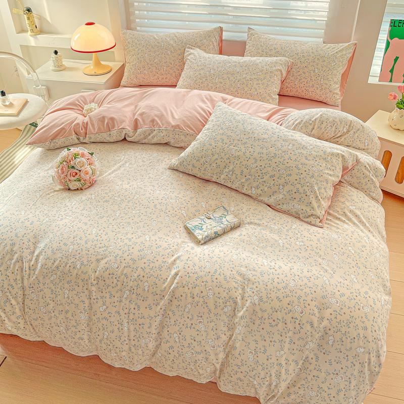 American Country Floral Printed Duvet Cover Set Soft Breathable Double Bedding for Spring Summer Quilt Cover Set with Flat Sheet