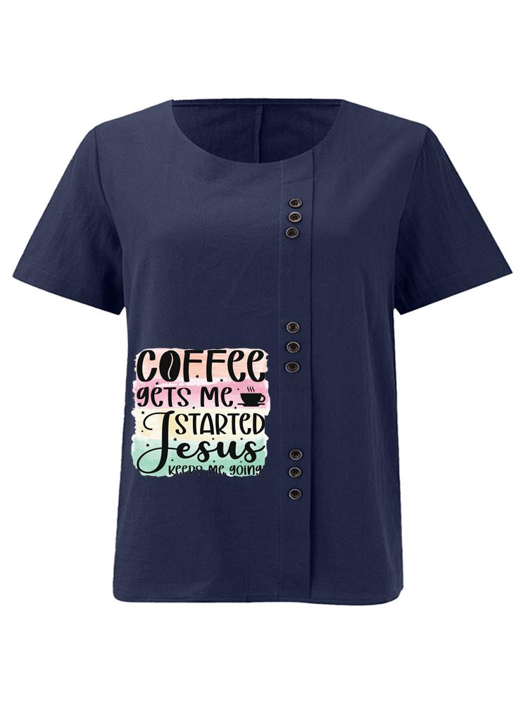 Women's Fashion Letter Pattern Print Round Neck Short Sleeve T-shirt Casual Cotton Linen Graphic Shirt Leisure Loose Summer Blouse Tops