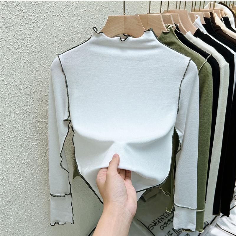 Осенне-зимняя футболка с высоким воротником и бархатной подкладкой в немецком стиле с деревянным краем ушка, модный топ