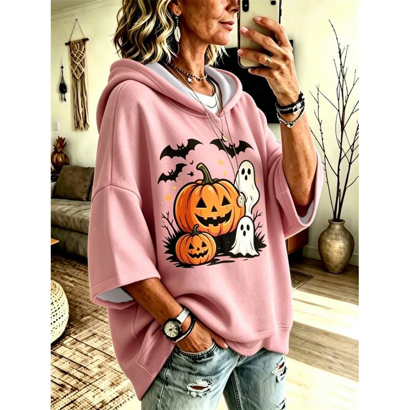 Halloween 3D Print Hoodie Loose Fit 3/4 Sleeve Casual Sweatshirt Women