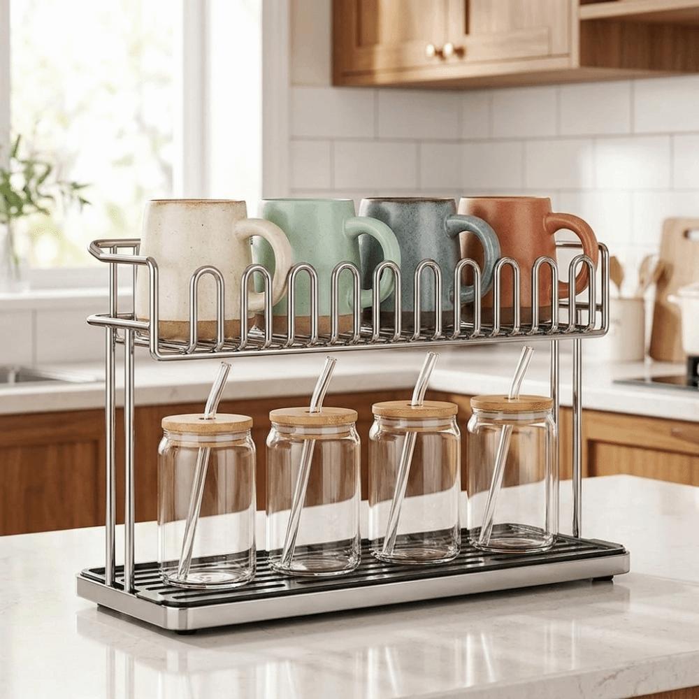 Stainless Steel Cup Storage Rack Anti-Fall Water Cup Holder Double-layer Water Cup Rack  Desktop