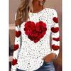 Women's Casual Long-sleeved T-shirt with Red Rose Heart Shape and Black Polka Dot Print Spring/Autumn Fashion Top