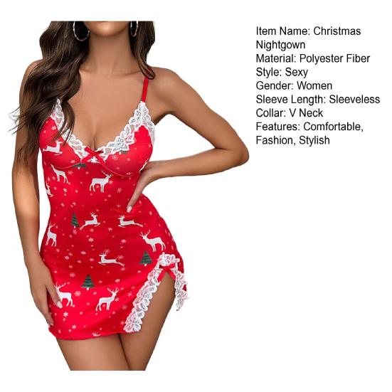 Женская кружевная ночная сорочка, сексуальная майка на бретелях-спагетти, ночная сорочка без рукавов с V-образным вырезом и боковым разрезом, одежда для сна, рождественская комбинация, платье-слип