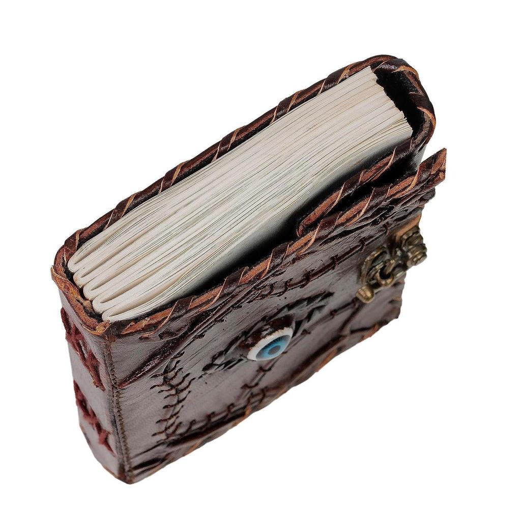 Leather Diary With Evil Eye Stone- 5×7 Inch Spells Journal with 240 Unlined Handmade Pages