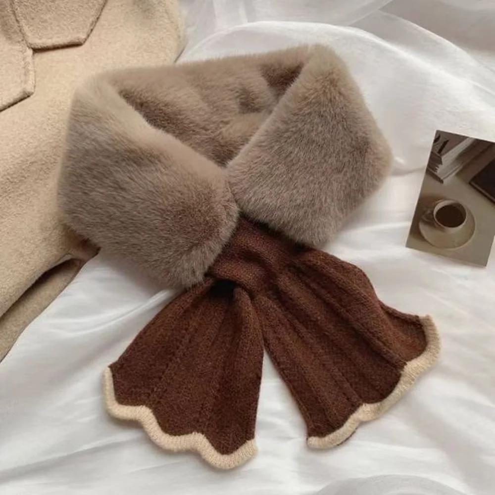 Winter Plush Scarf Woman Thick Fish Tail Wool Knit Cross Fur Collar Outdoor Cycling Neck Protection Cervical Spine Warm Scarve