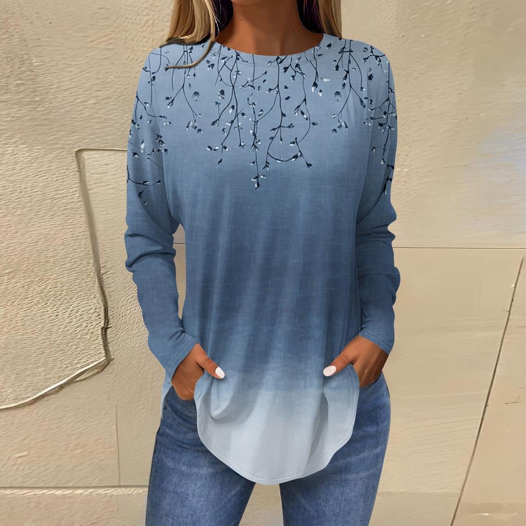 Женская свободная футболка с длинным рукавом с круглым вырезом и принтом, верхний пуловер