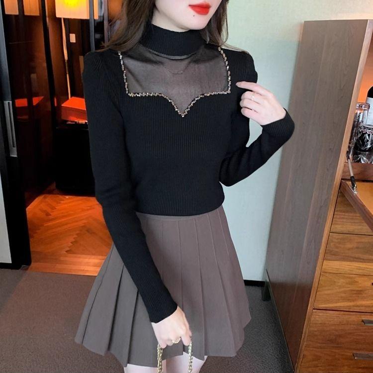 Сетчатая модная рубашка с полувысоким воротом для женщин, осень-зима, корейская версия, облегающий универсальный свитер, вязаный топ