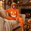 Funny Cosplay Romper Halloween Pumpkin Onesie Pajamas, Adult Jumpsuit with Happy Plush Fleece Homewear Face, Soft Hooded Costume for Party Night,