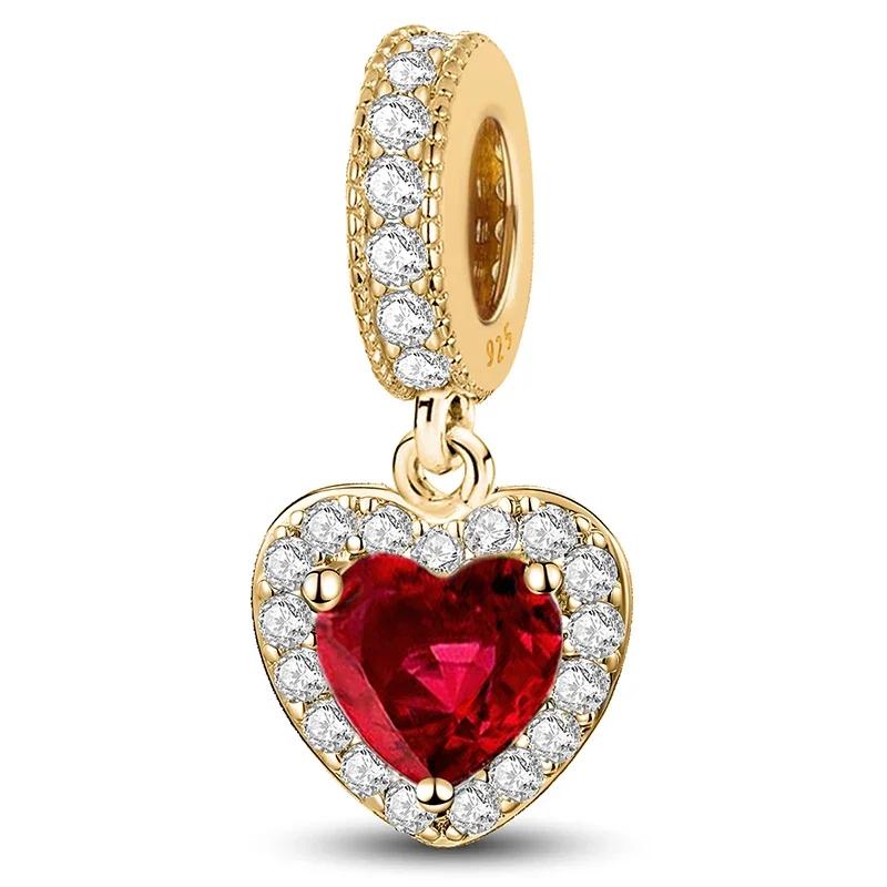 Copper Romantic Zircon Red Love Heart Charms Beads Fit Original Pan Bracelet Bangles Diy Fine Jewelry For Women