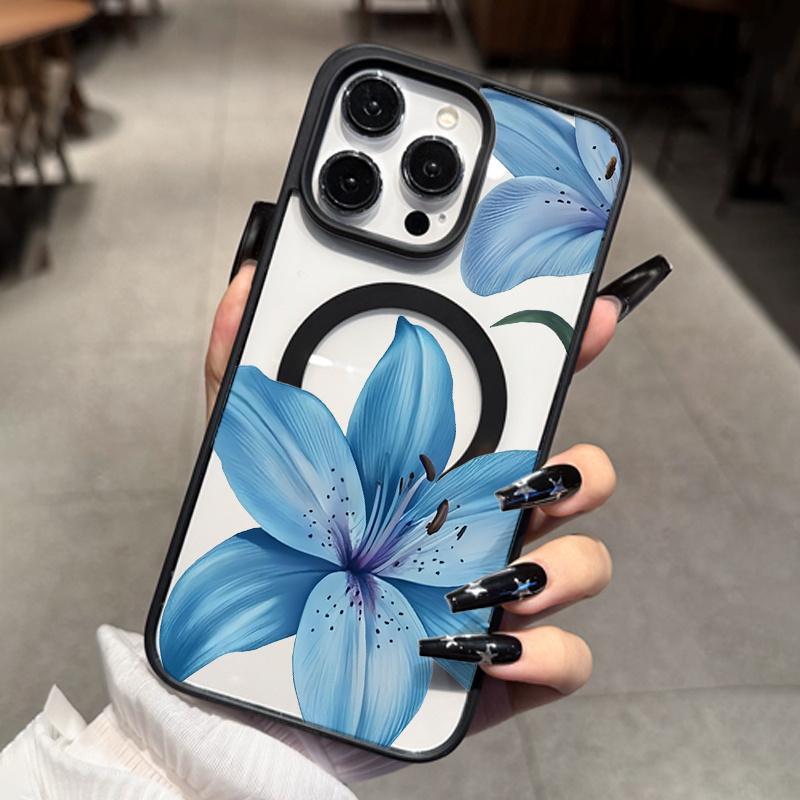 Blue Lily Flower Pattern Phone Case Suitable for iPhone 17, 16, 15, 14, 13, 12, 11 Pro/Max/Plus Anti Drop and Anti Shock
