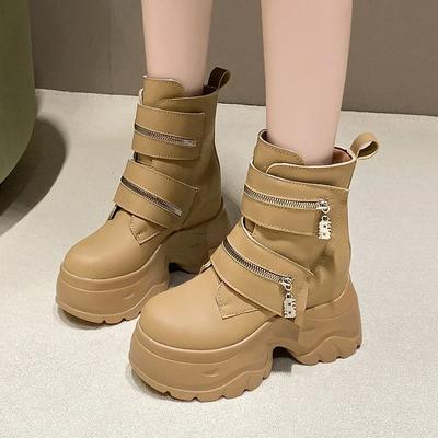 2025 женские кожаные ботильоны осень-зима 9,5 см каблук массивные кроссовки высокая платформа молния короткие мотоциклетные ботинки женские Botas