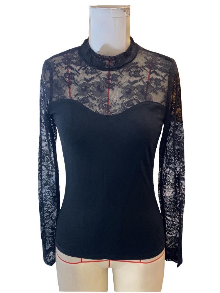 Французские новые элегантные кружевные топы с вышивкой для женщин, уличные, Vinateg, длинные рукава, тонкий пуловер, модный дизайн, воротник-стойка, повседневные футболки