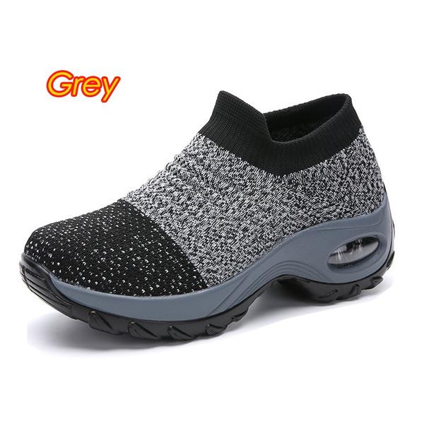 Женские модные кроссовки без шнуровки на танкетке с толстой подошвой, вязаная обувь с дышащей сеткой, удобная легкая нескользящая прогулочная обувь, размер 34-43