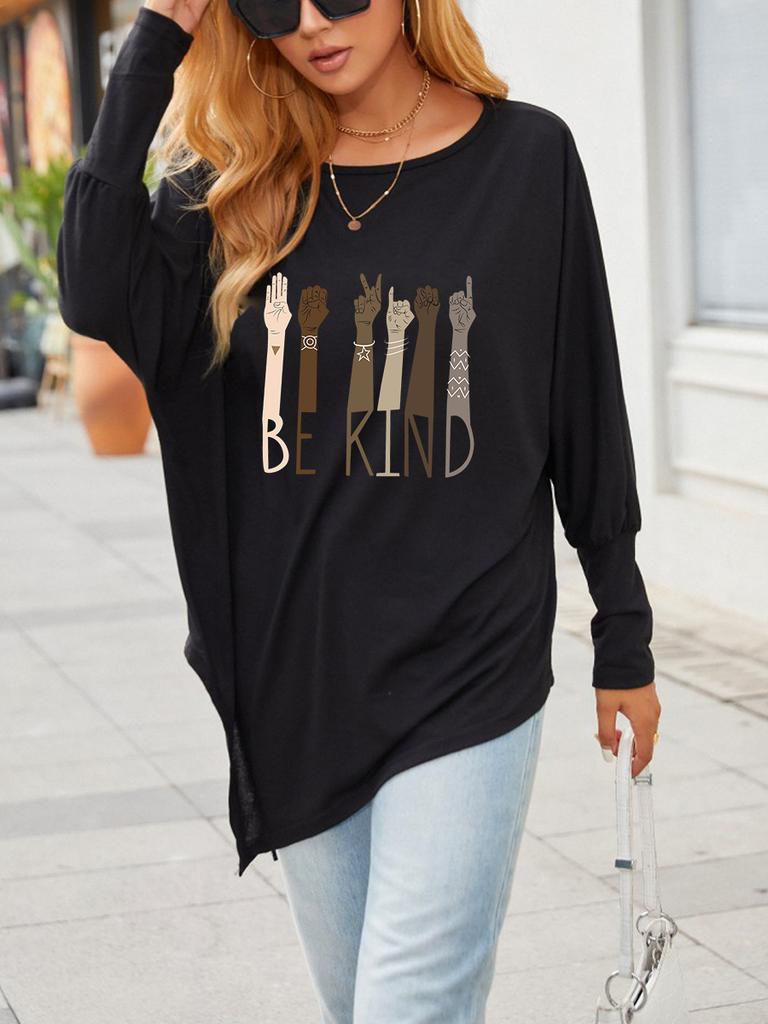 Women's Oversize Long-Sleeve Spring/Fall Asymmetrical Hem T-Shirt Fashion Printed Logn Sleeve Top