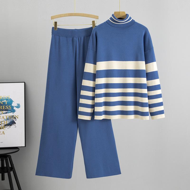Плюс размер женский весенний новый водолазка свободный повседневный модный полосатый трикотажный костюм из двух частей