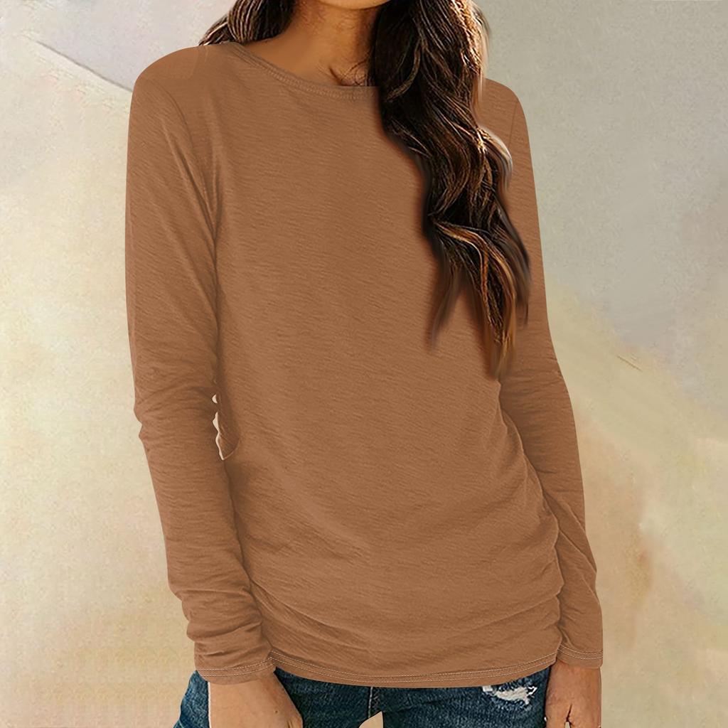 Womens Long Sleeve Round Neck Shirts Basic Tee Casual Top Fall Trendy Tunic Outfits Fitted T Shirts