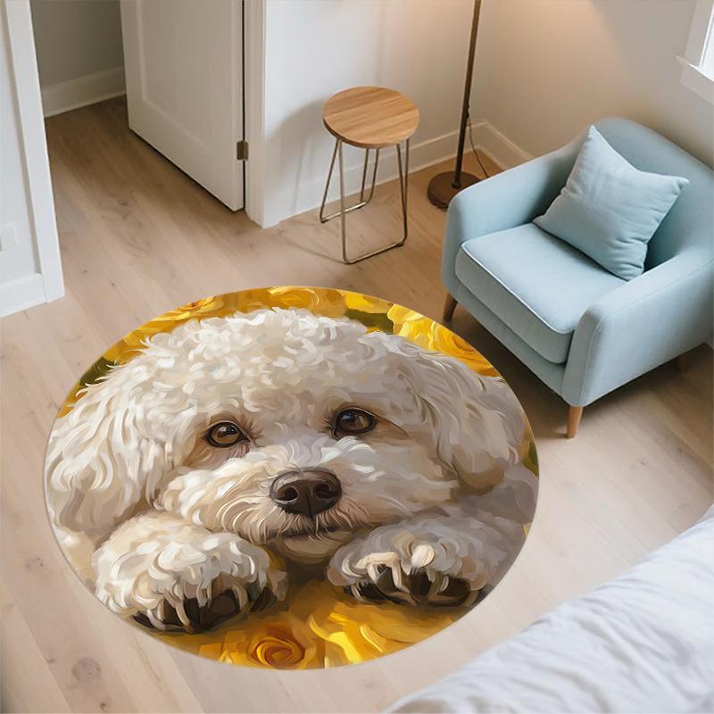 Bichon and Flowers pattern round rug,Carpet Rug for Living Room Bedroom Playroom ,Non-slip Floor Mat,Holiday Gifts and Birthday Gifts.