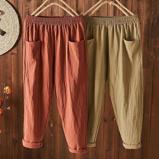 Elastic Waist Wide Leg Harem Pants Women Cotton Linen Casual Vintage Loose Solid Color Pockets Trousers