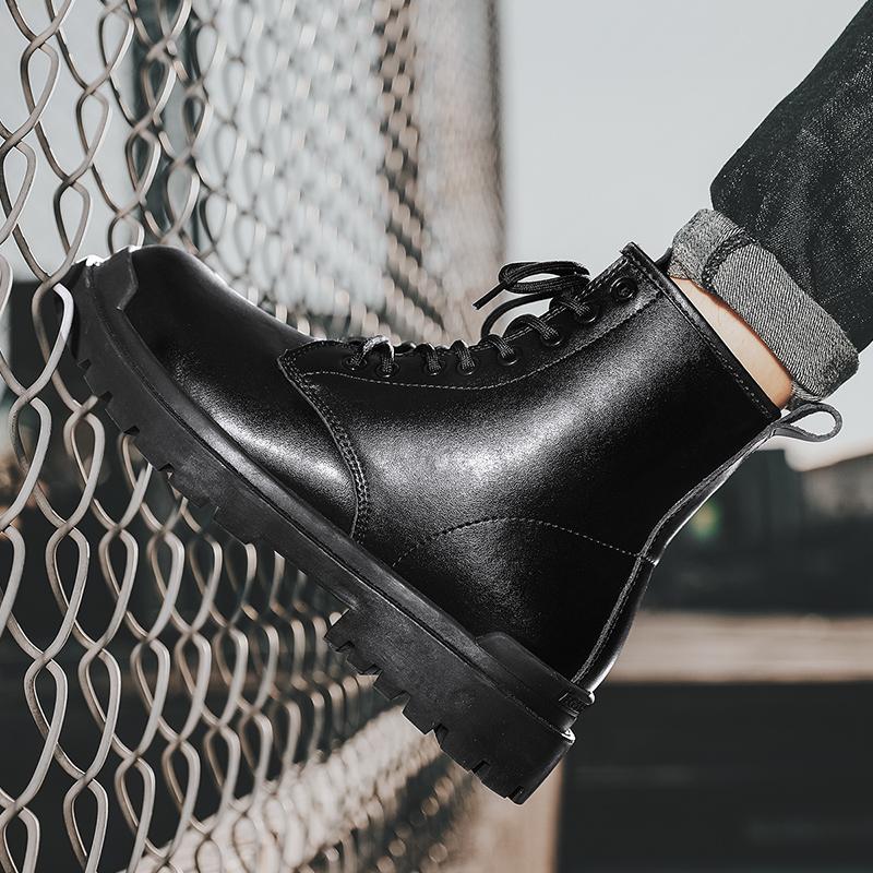 Натуральная кожа 35~45 Ботинки на толстой подошве для мужчин и женщин Короткие ботинки зимние повседневные резиновые туфли Модные высокие ботинки для пар с 8 отверстиями