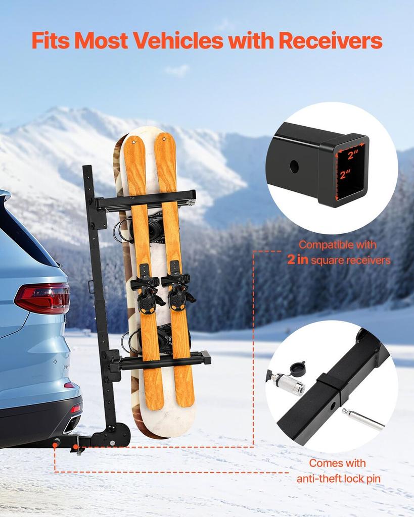 Folding Hitch Mounted Ski & Snowboard Rack, Fits 50 mm Receiver, Carries up to 6 Pairs of Skis or 4 Snowboards, Adjustable Hitch-Mounted Rack for Car