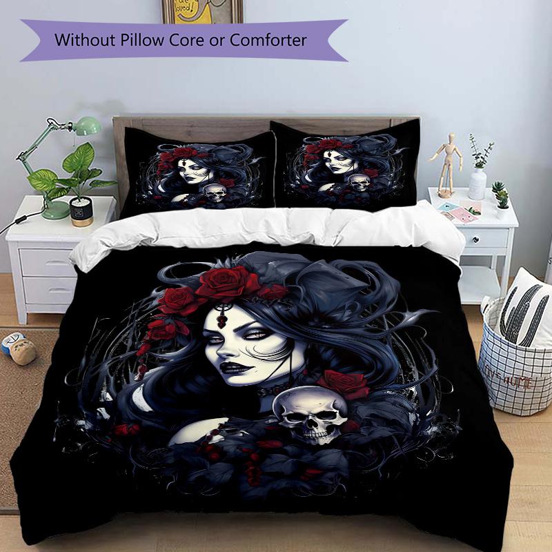 3pcs Gothic Portrait with Skull and Red Roses Bedding Set - Includes Quilt Cover and Pillowcases, Suitable for All Seasons, Machine Washable - Id