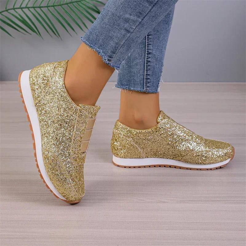Autumn New Women Fashion Slip-on Low-heeled Woman Sneakers Gold Silver Trend Sport Shoes Ladies Outdoor Casual Walking Shoes