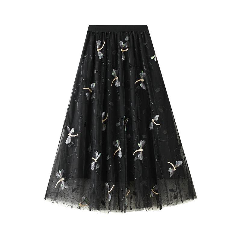 Z 3D Three-dimensional Embroidery Dragonfly Embellished Mesh Skirt Women's Summer 3-color French Romantic Skirt High Waist Long Skirt 1810