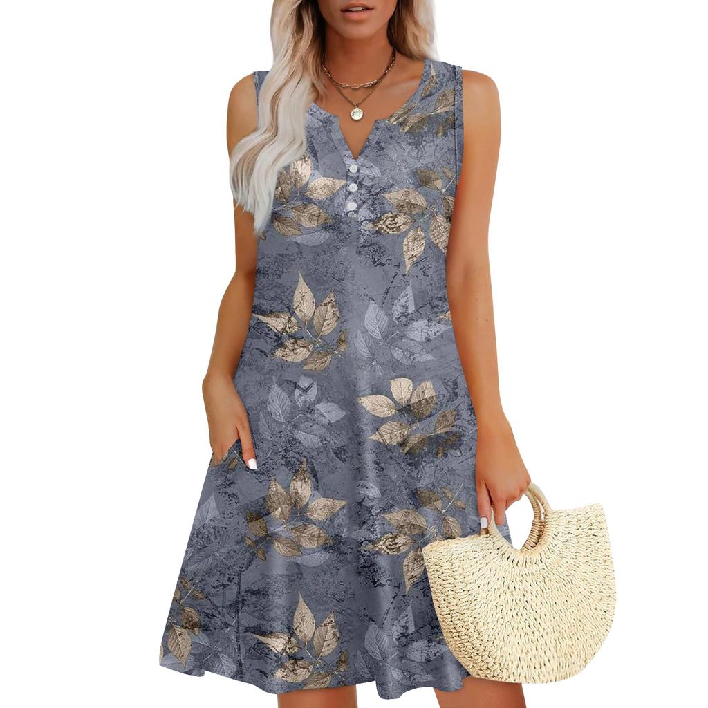 Женские летние платья Свободные сарафаны без рукавов с V-образным вырезом Платье с карманами
